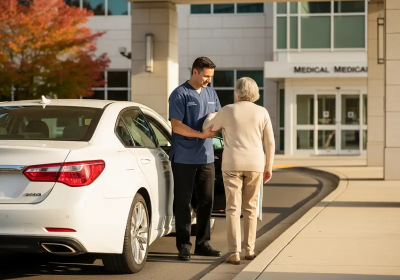 AVI driver in navy scrubs helping an older passenger from a white sedan at a medical center entrance