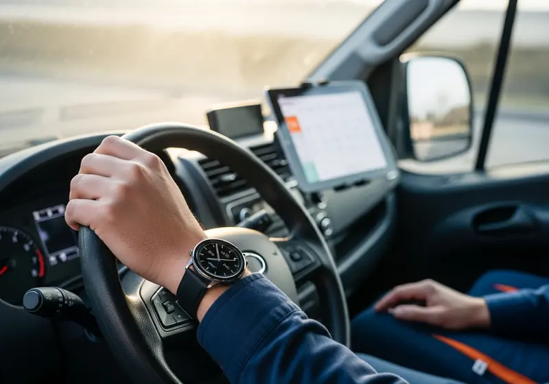 Driver's hand on the steering wheel, wristwatch visible, with a dispatch tablet on the dashboard